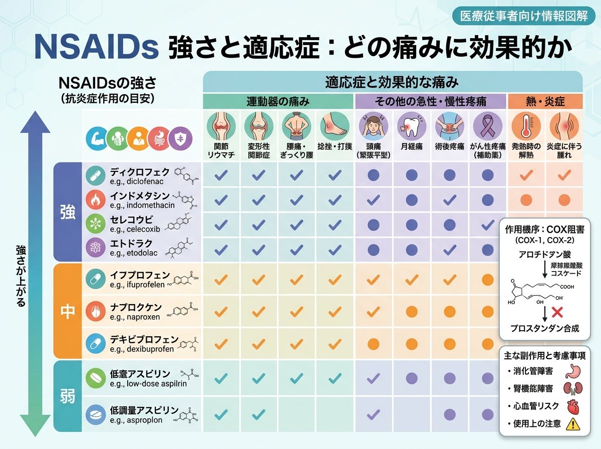 NSAIDs 強さと適応症:どの痛みに効果的か