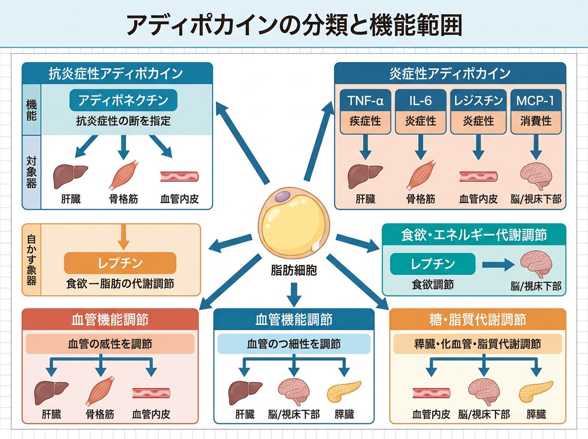 アディポカイン全体の分類と機能範囲