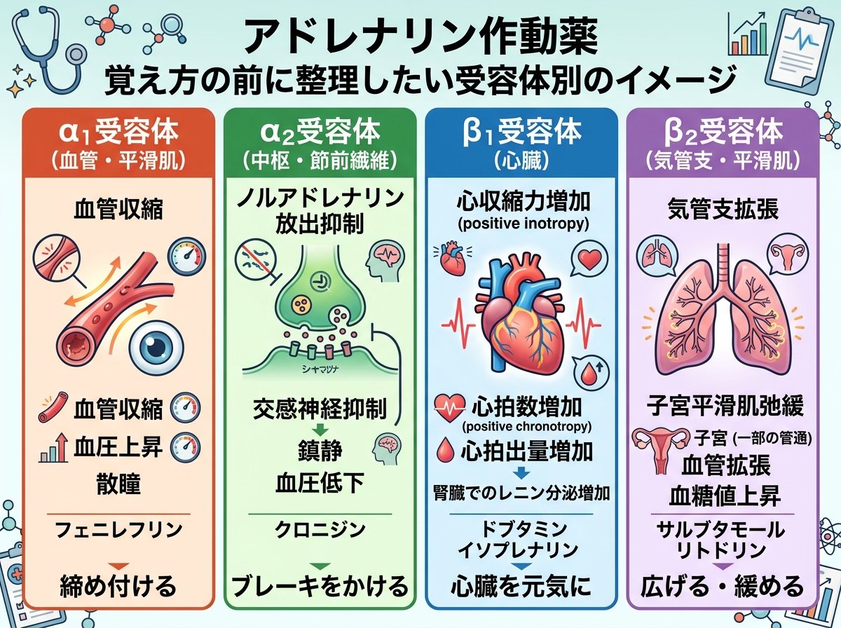 アドレナリン作動薬 覚え方の前に整理したい受容体別のイメージ