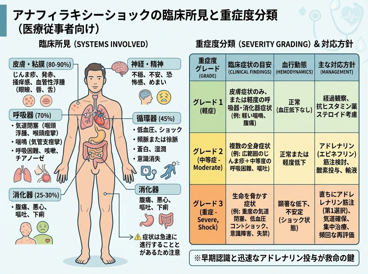 アナフィラキシーショックの臨床所見と重症度分類