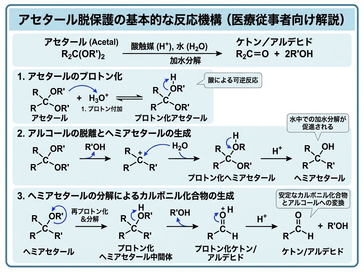 アセタール脱保護の基本的な反応機構