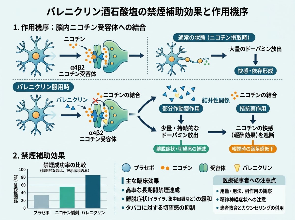 バレニクリン酒石酸塩の禁煙補助効果と作用機序