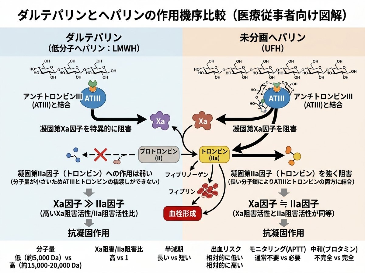 ダルテパリンとヘパリンの作用機序比較