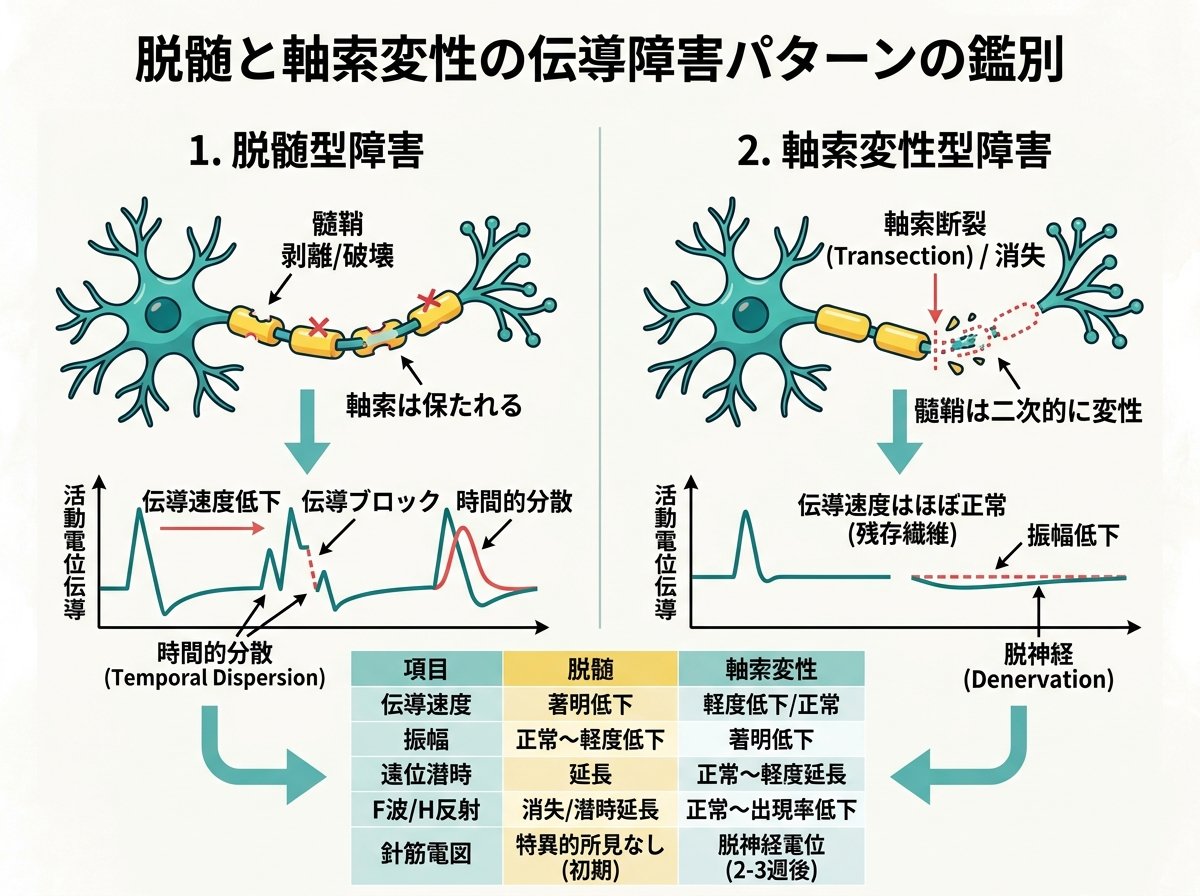 脱髄と軸索変性の伝導障害パターンの鑑別
