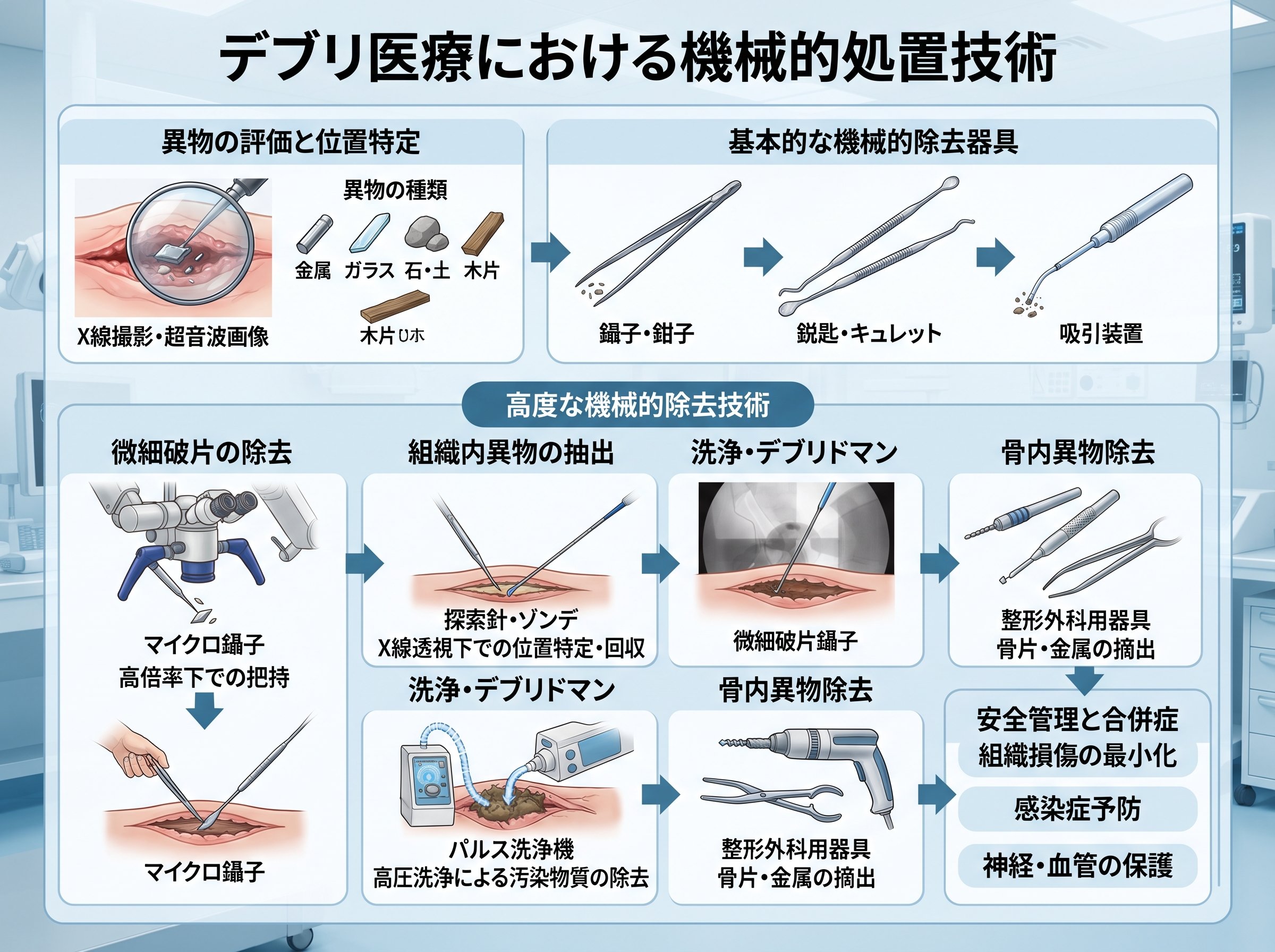デブリ医療における機械的処置技術