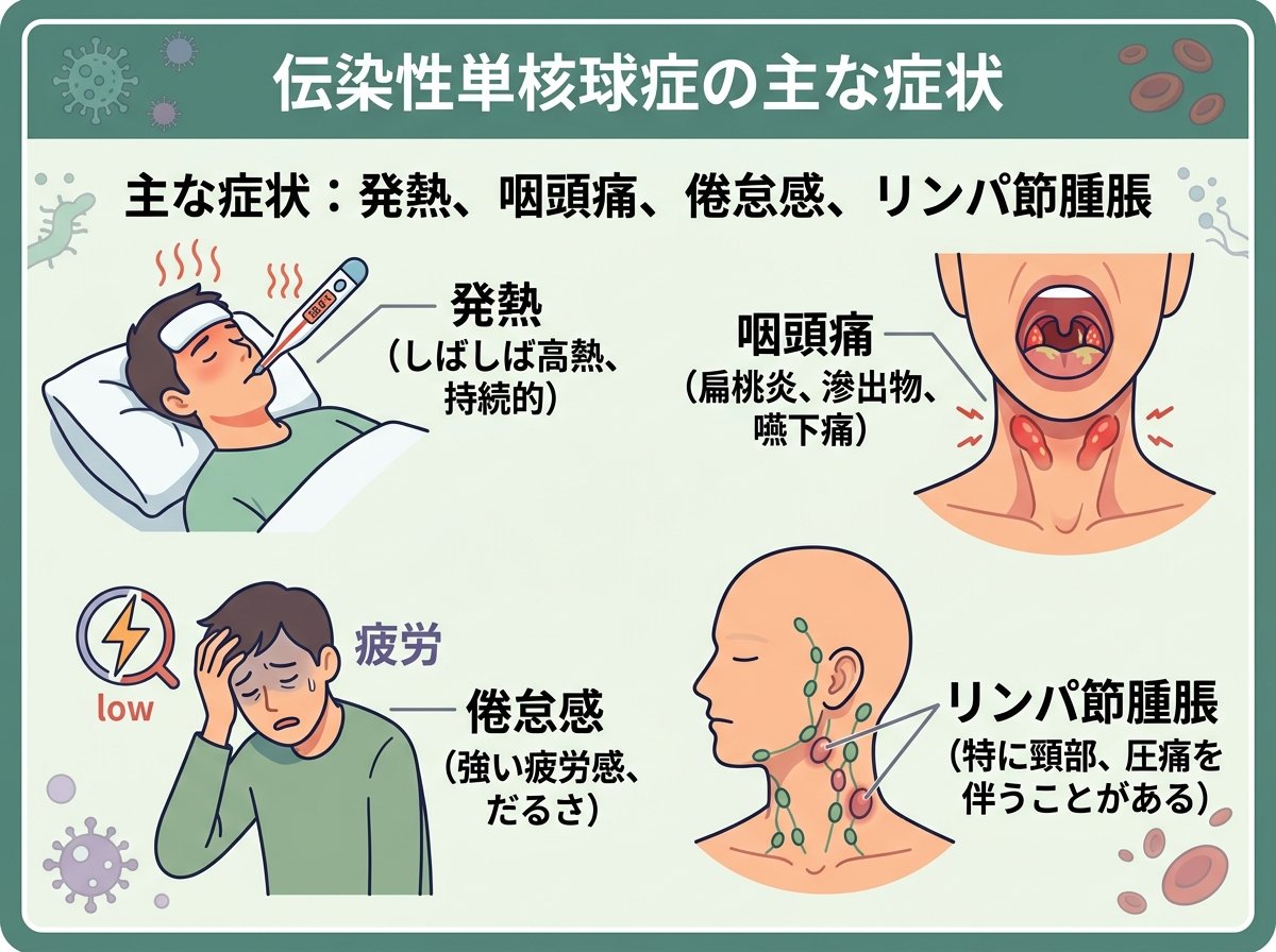 伝染性単核球症の主な症状:発熱、咽頭痛、倦怠感、リンパ節腫脹