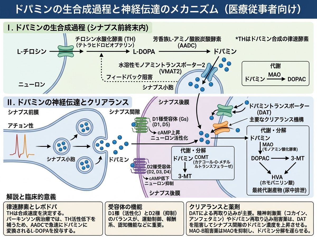ドパミンの生合成過程と神経伝達のメカニズム