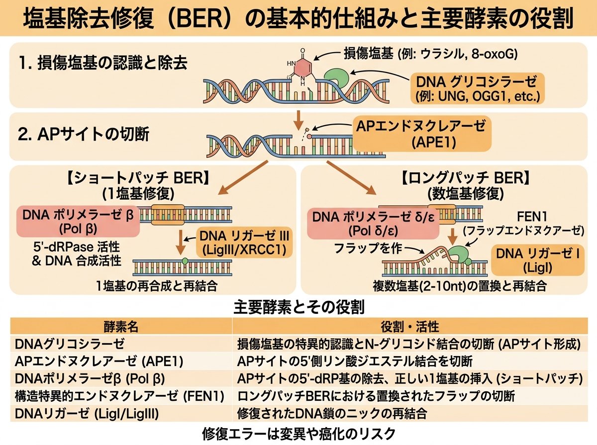 塩基除去修復（BER）の基本的な仕組みと主要酵素の役割