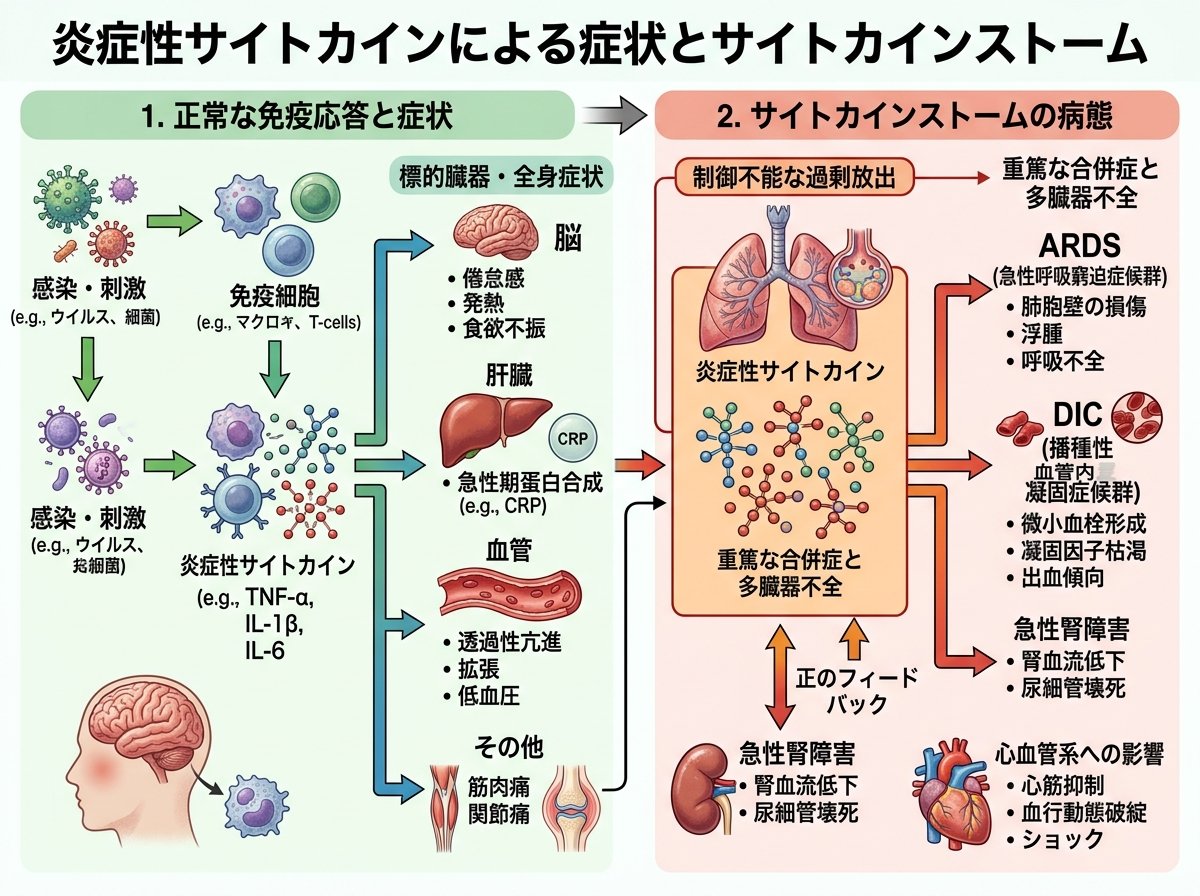 炎症性サイトカインによる症状とサイトカインストーム
