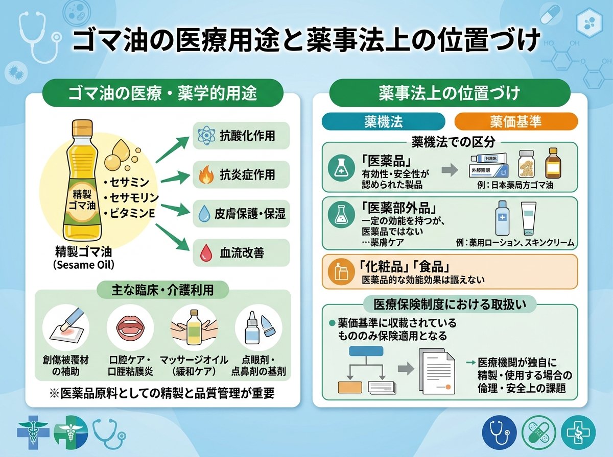 ゴマ油の医療用途と薬事法上の位置づけ