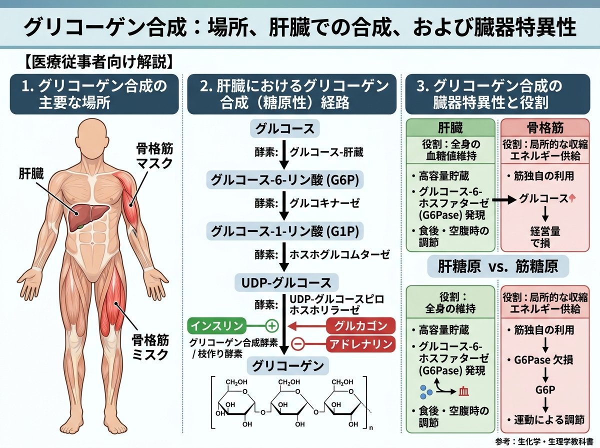 グリコーゲン合成 どこ 肝臓での合成と臓器特異性