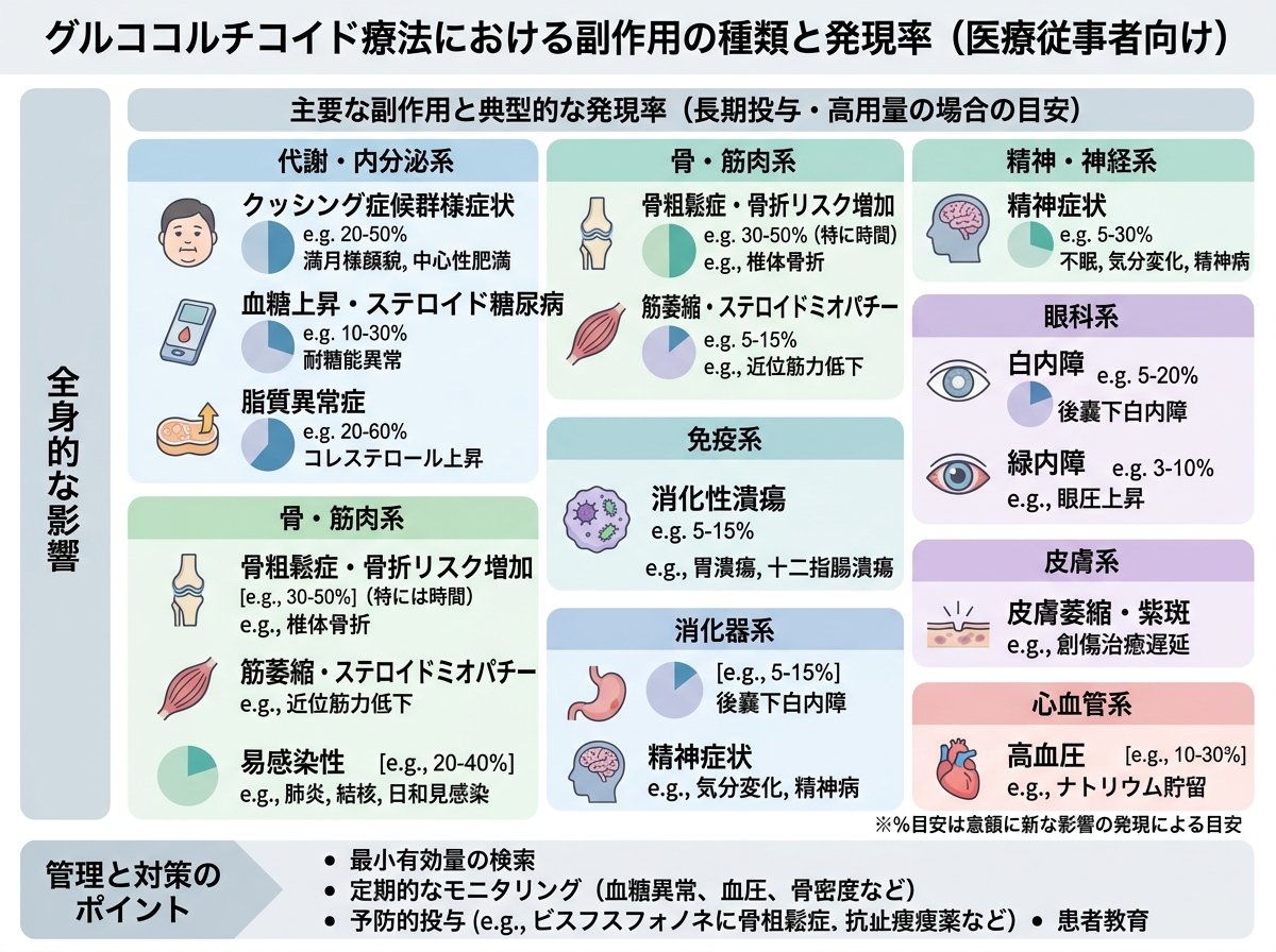 グルココルチコイド療法における副作用の種類と発現率