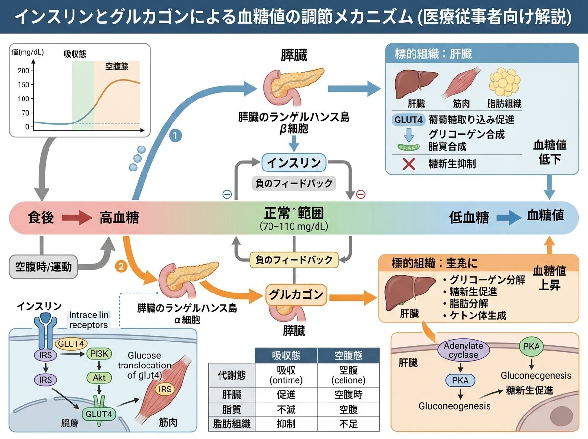 インスリンとグルカゴンによる血糖値の調節メカニズム