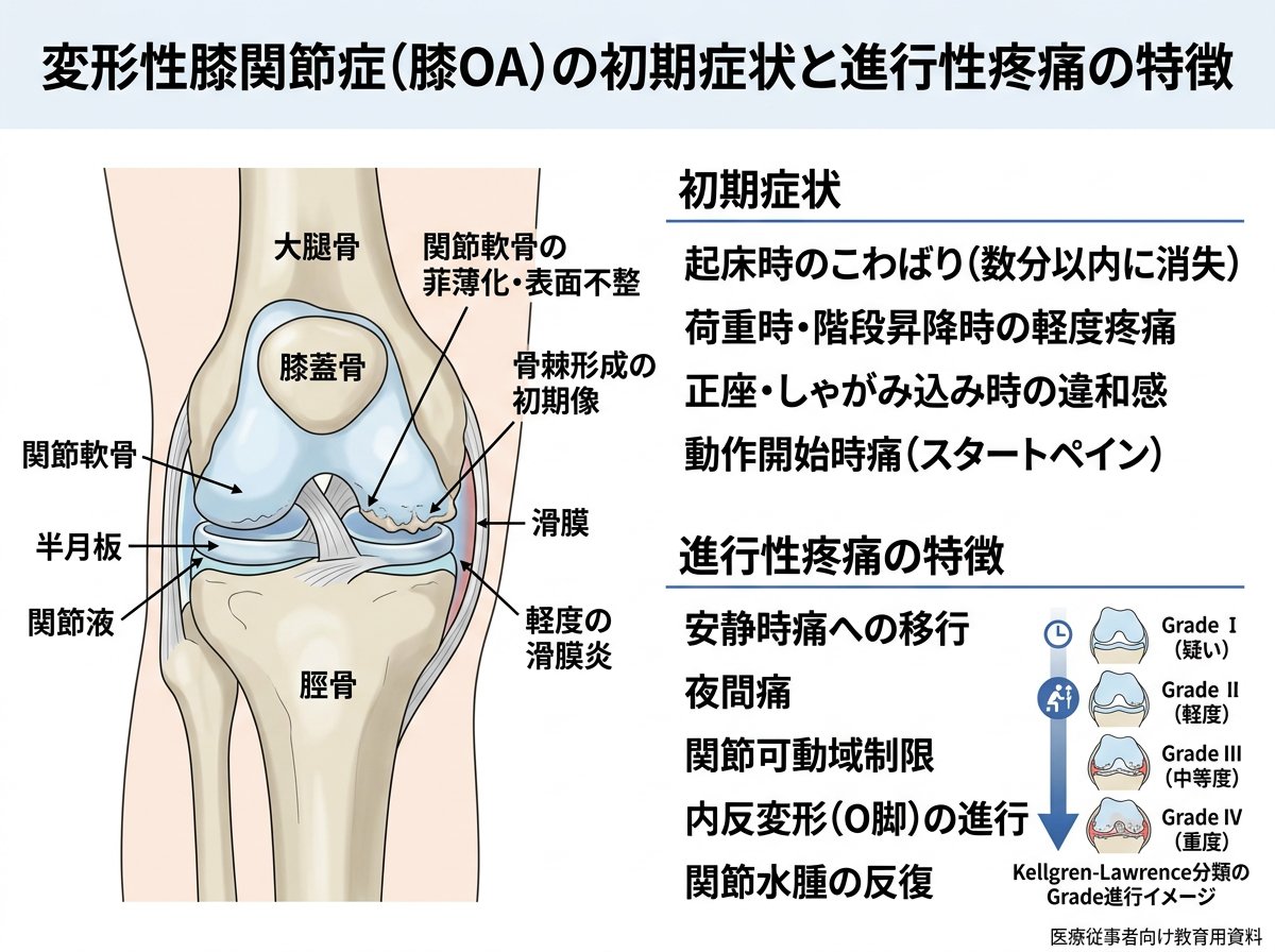 変形性膝関節症の初期症状と進行性疼痛の特徴