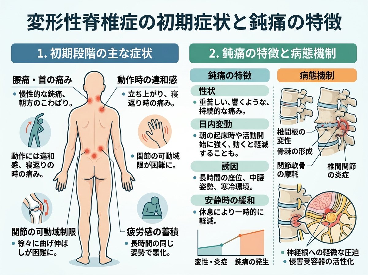 変形性脊椎症の初期症状と鈍痛の特徴