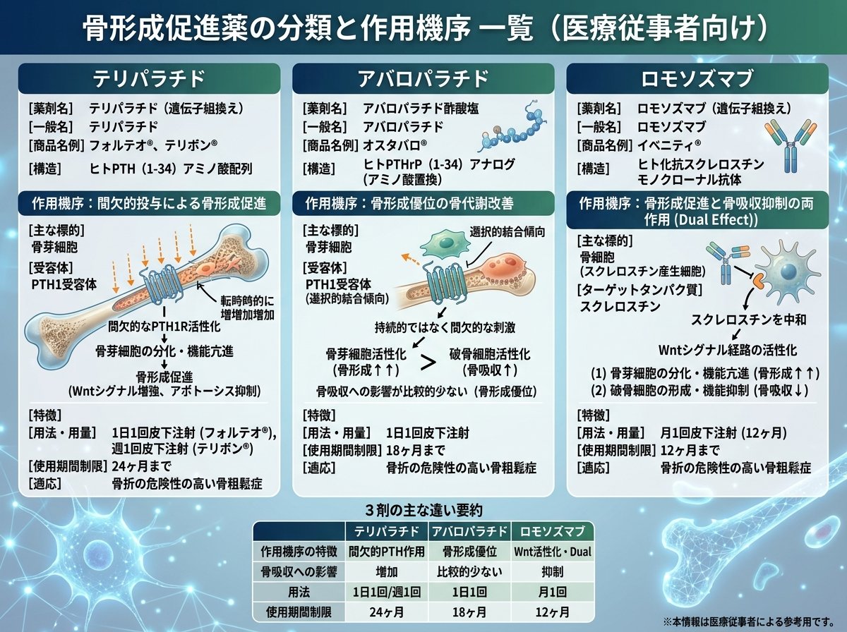 骨形成促進薬 一覧 テリパラチド アバロパラチド ロモソズマブ