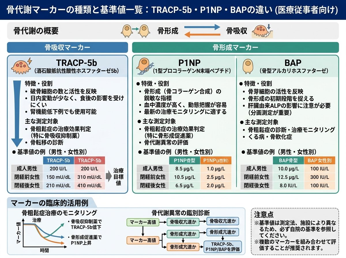 骨代謝マーカーの種類と基準値一覧：TRACP-5b・P1NP・BAPの違い