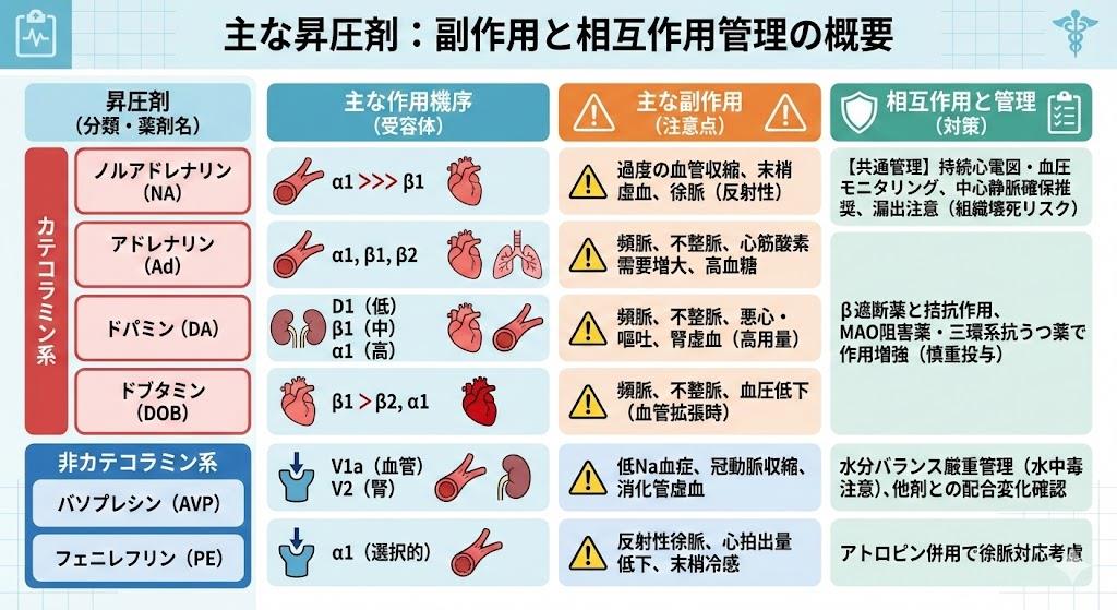 昇圧剤の一覧：副作用と相互作用の管理