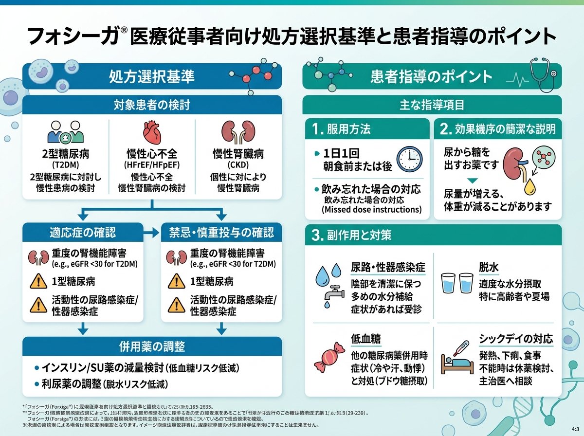 フォシーガ医療従事者向け処方選択基準と患者指導のポイント