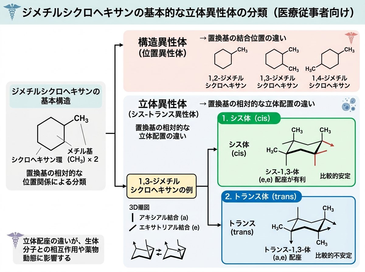 ジメチルシクロヘキサンの基本的な立体異性体の分類