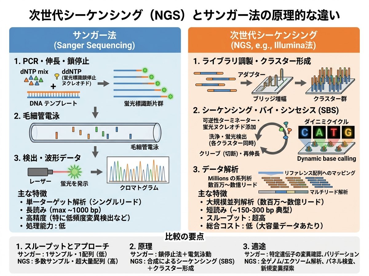 次世代シーケンシング（NGS）とサンガー法の原理的な違い