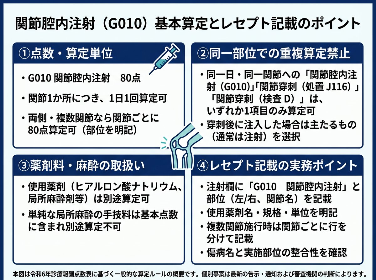 関節腔内注射(G010)の基本算定とレセプト上の正しい書き方