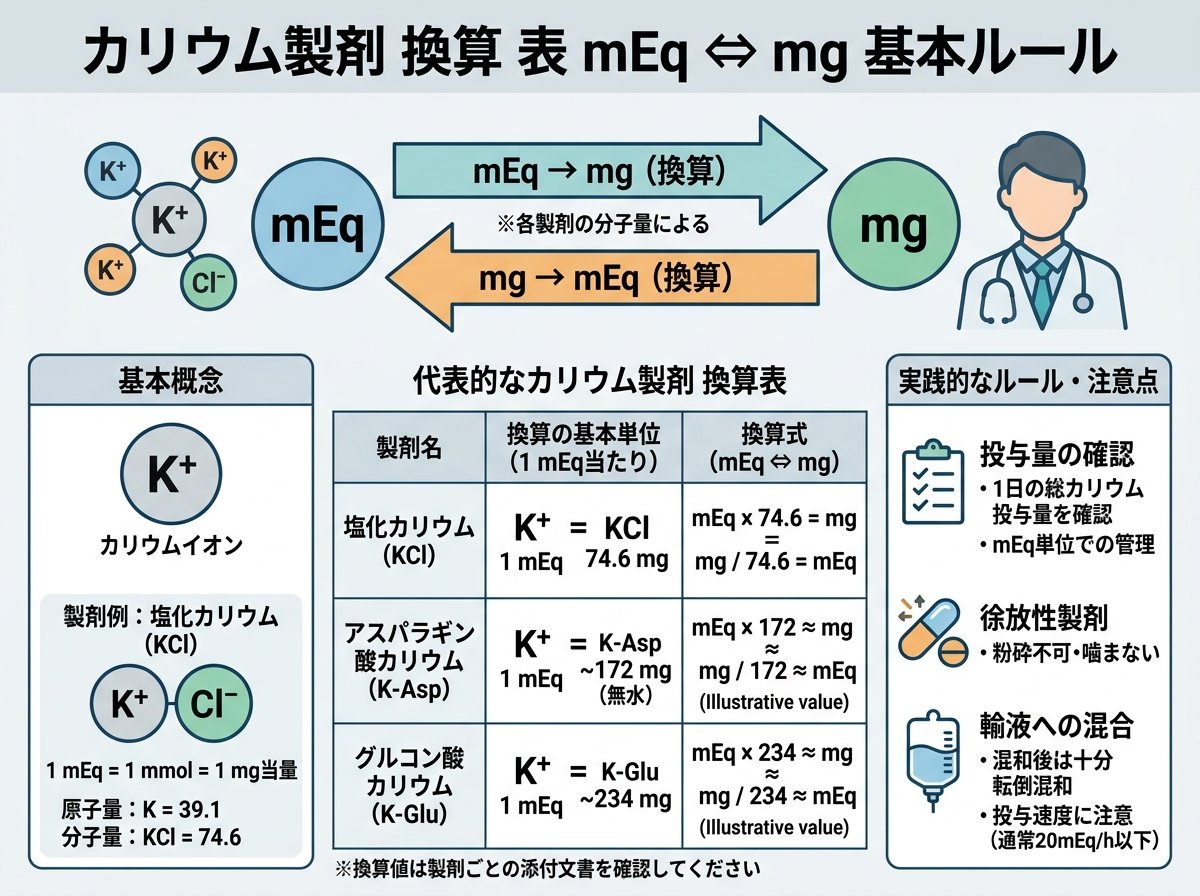 カリウム製剤 換算 表 mEq mg 基本ルール