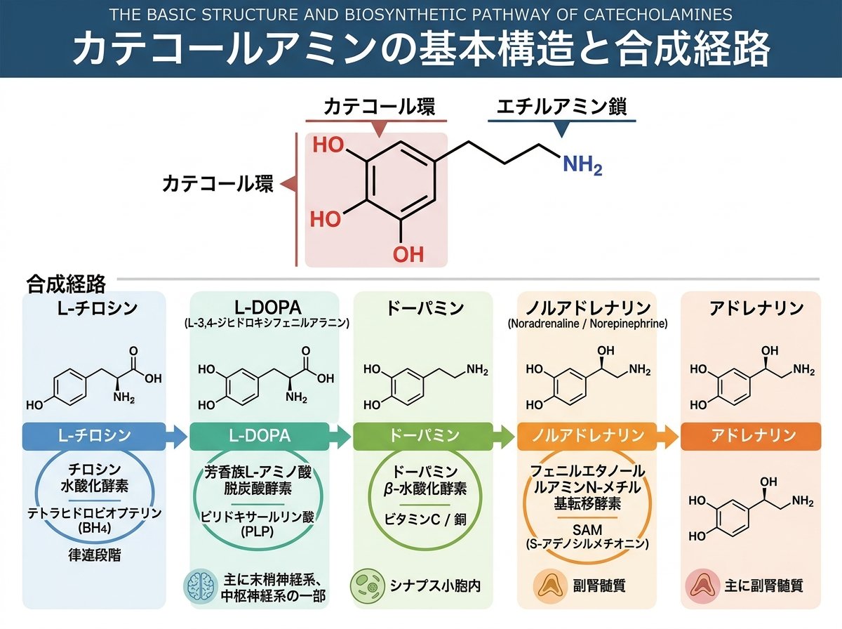カテコールアミンの基本構造と合成経路について