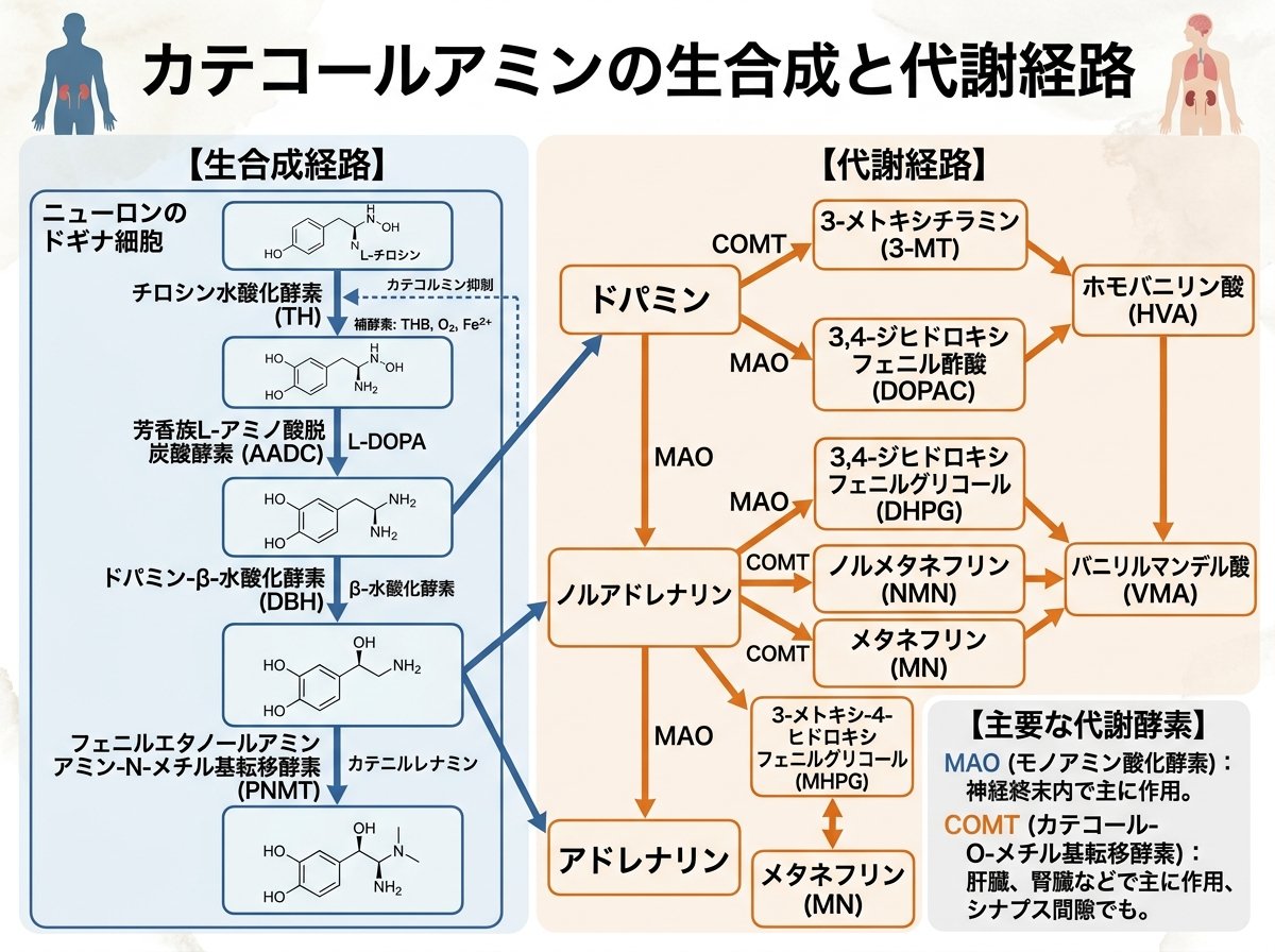 カテコールアミンの生合成と代謝経路