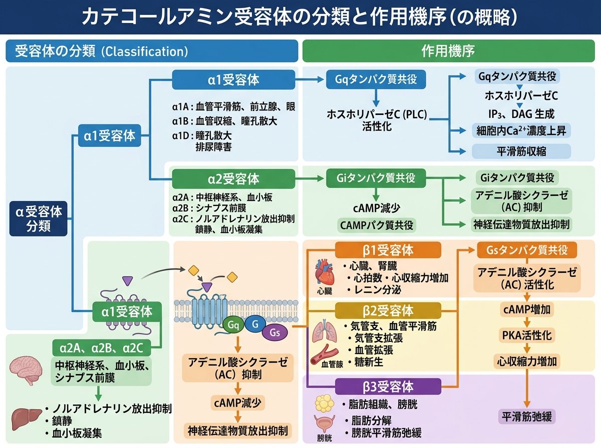 カテコールアミン受容体の種類と作用機序