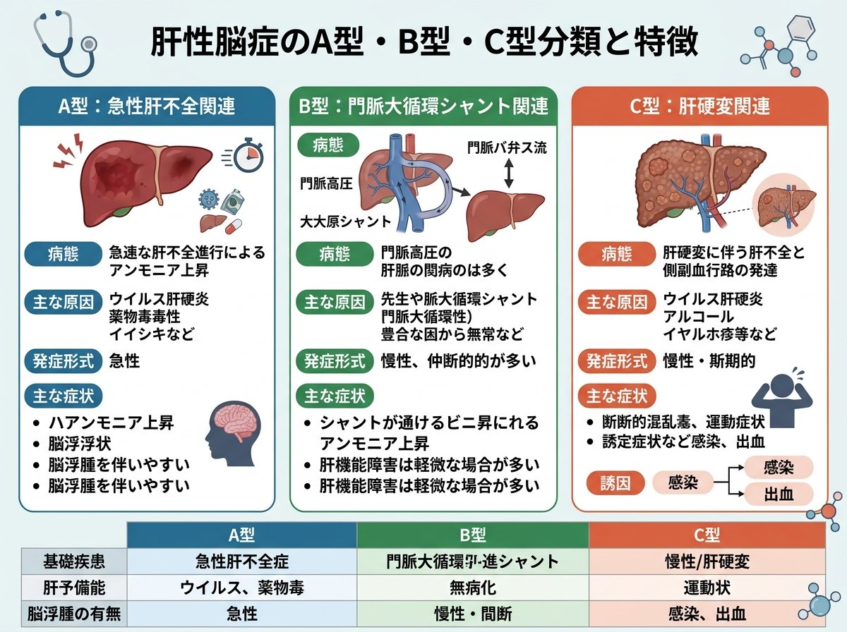 肝性脳症のA型・B型・C型分類と特徴