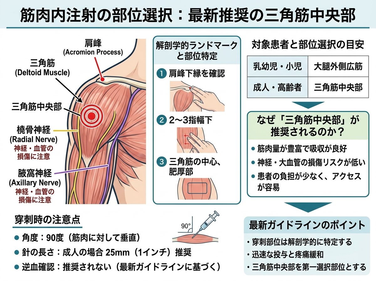 筋肉内注射の部位選択：最新推奨の三角筋中央部