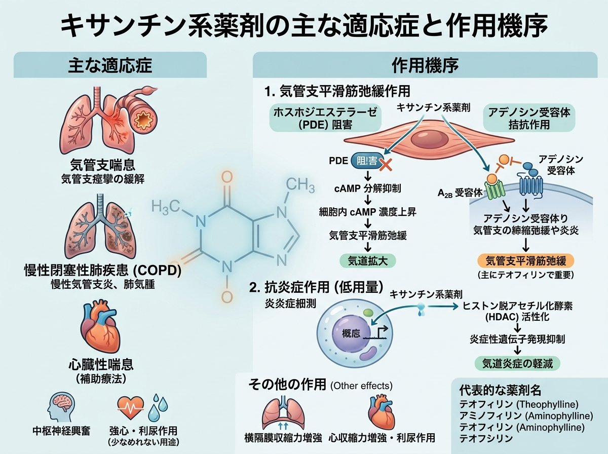 キサンチン系薬剤の主な適応症と作用機序
