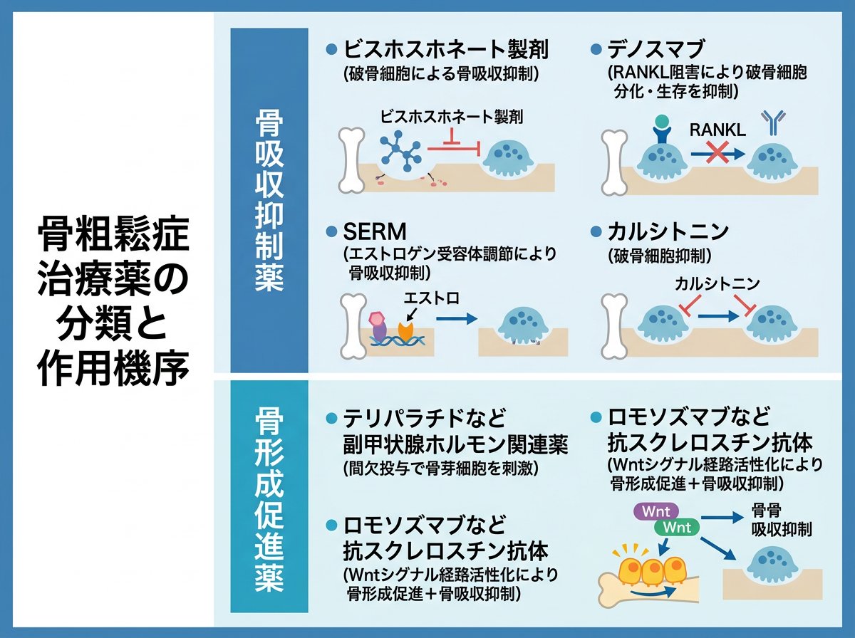骨粗鬆症治療薬の分類と作用機序について