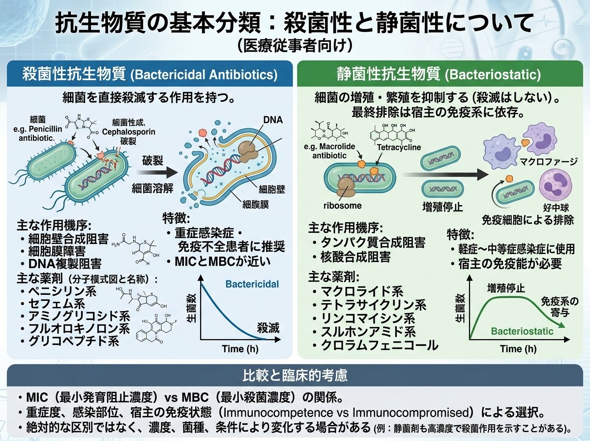 抗生物質の基本分類：殺菌性と静菌性について