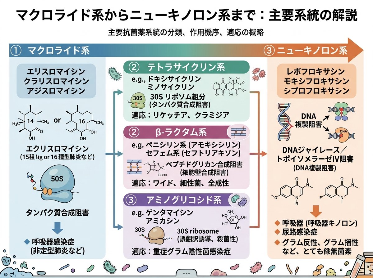 マクロライド系からニューキノロン系まで：主要系統の解説