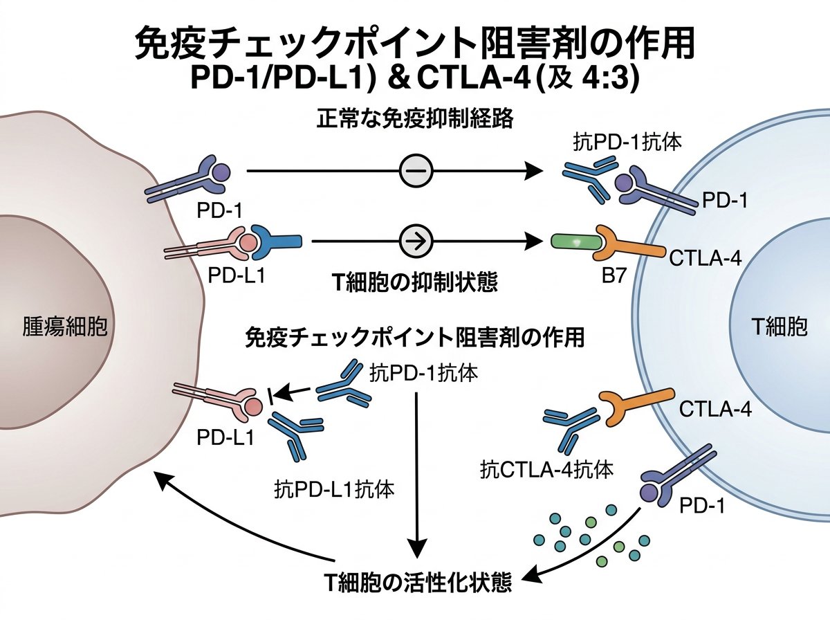 免疫チェックポイント阻害剤の作用機序と主要分子の相互作用