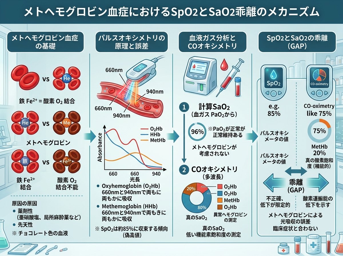 メトヘモグロビン血症におけるSpO2とSaO2乖離のメカニズム