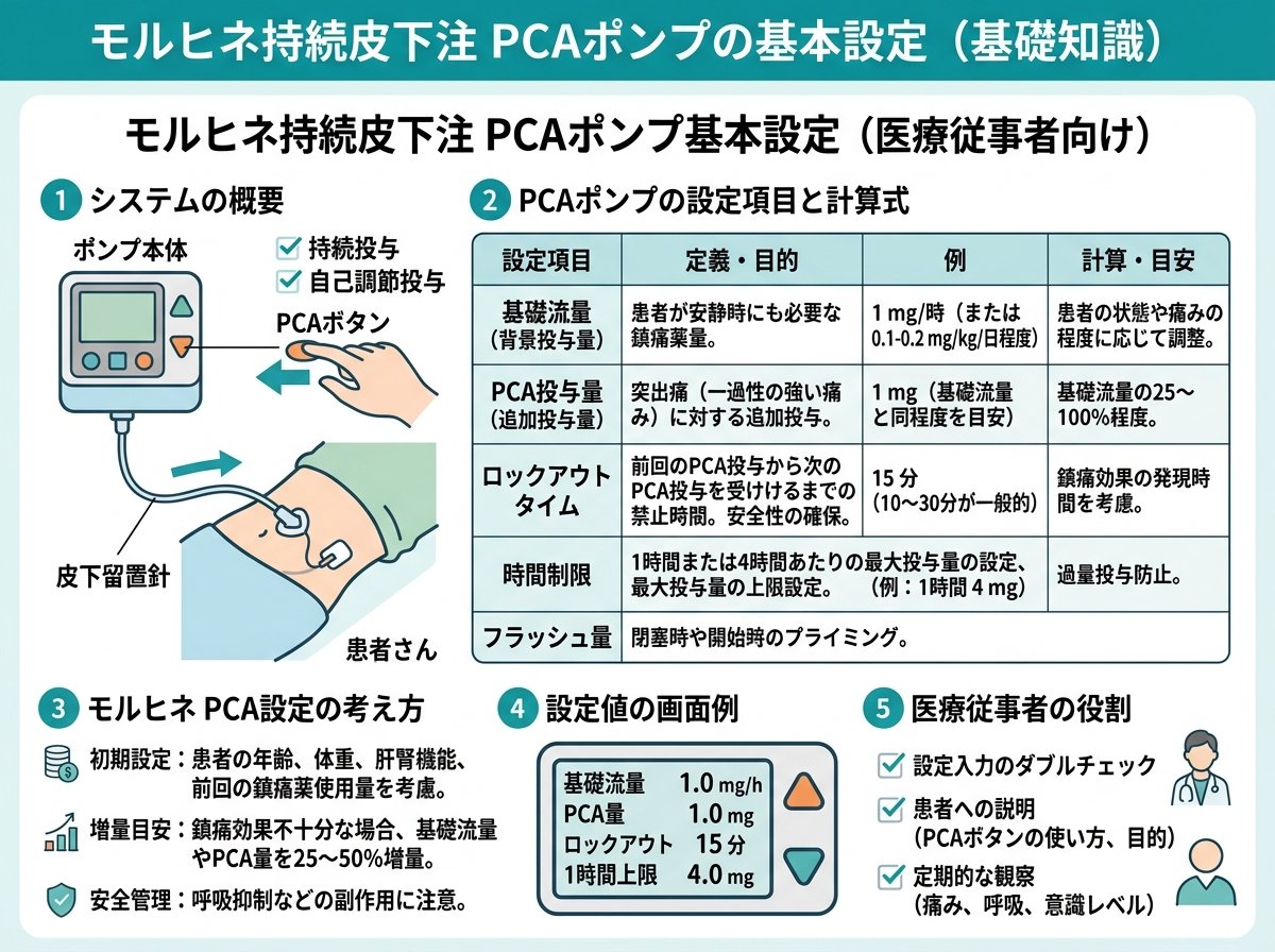 モルヒネ持続皮下注のPCAポンプ基本設定