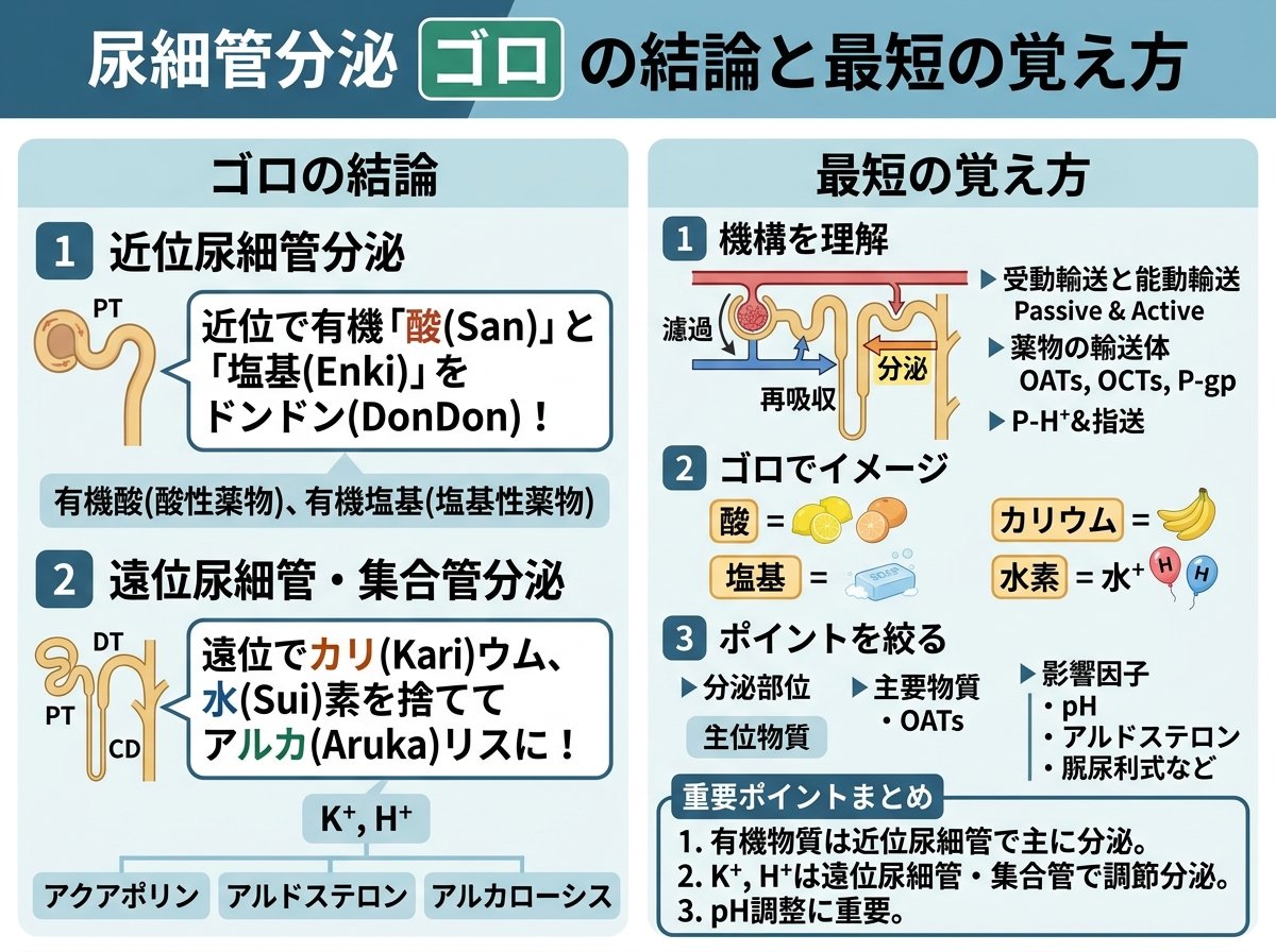 尿細管分泌 ゴロ の結論と最短の覚え方