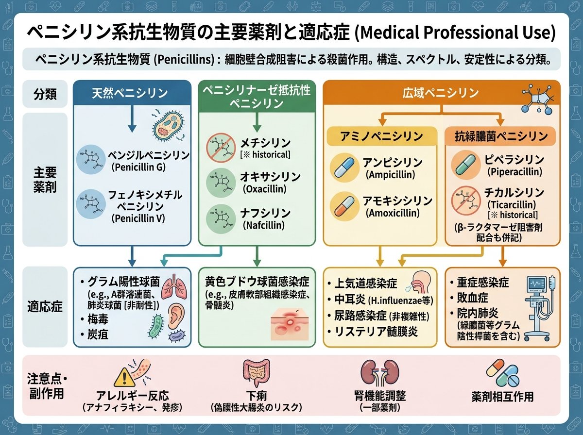 ペニシリン系抗生物質の主要薬剤と適応症
