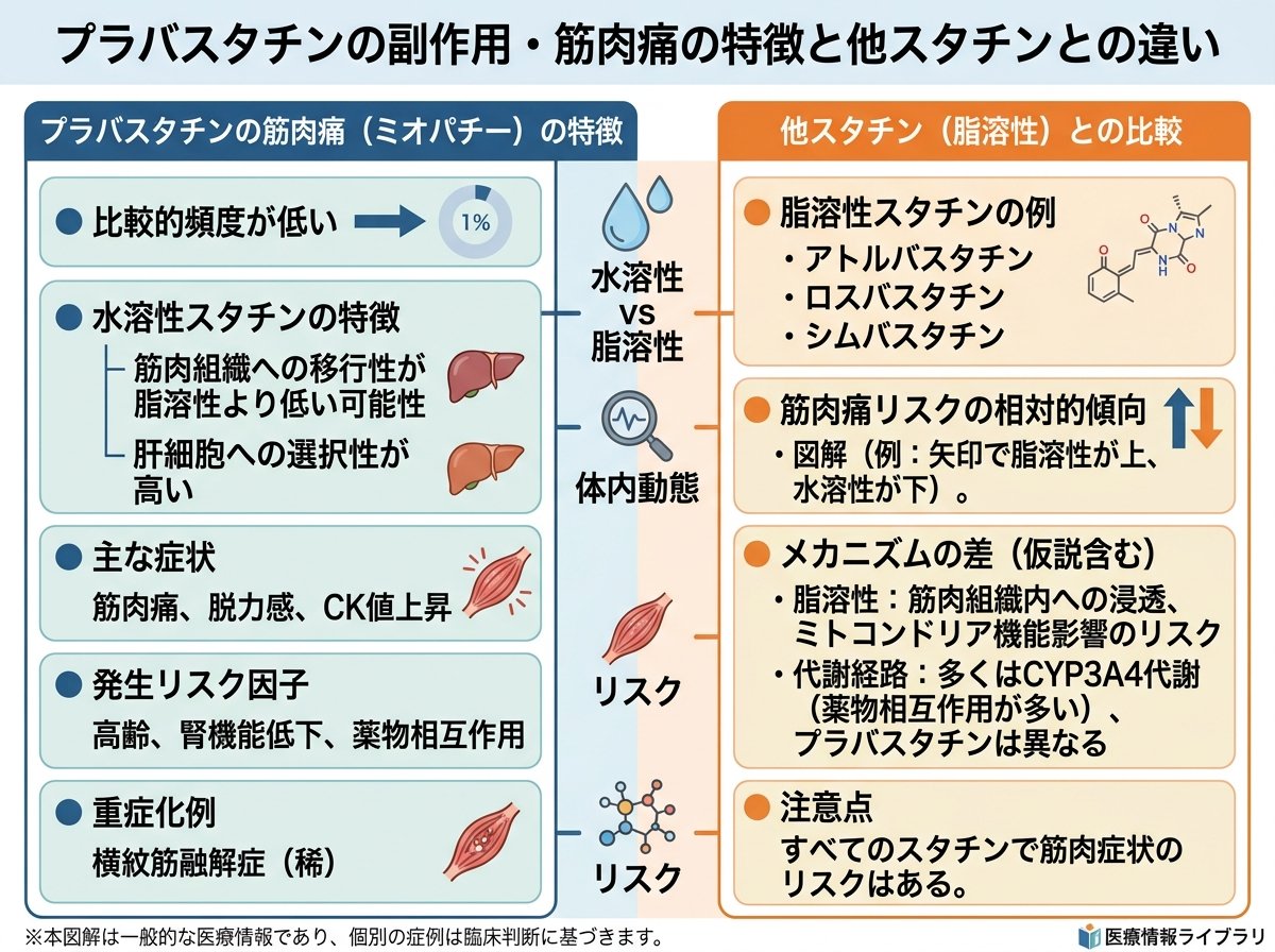 プラバスタチンの副作用・筋肉痛の特徴と他スタチンとの違い