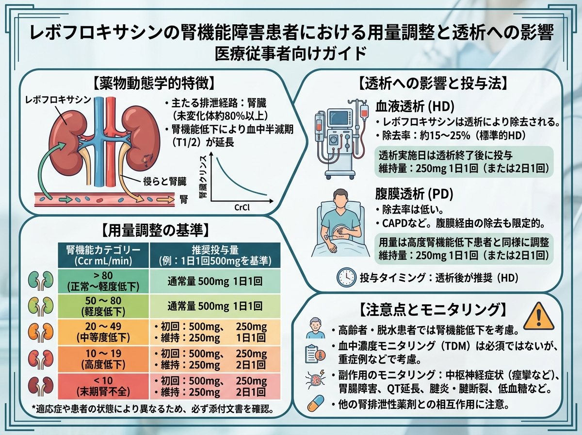 レボフロキサシンの腎機能障害患者における用量調整と透析への影響