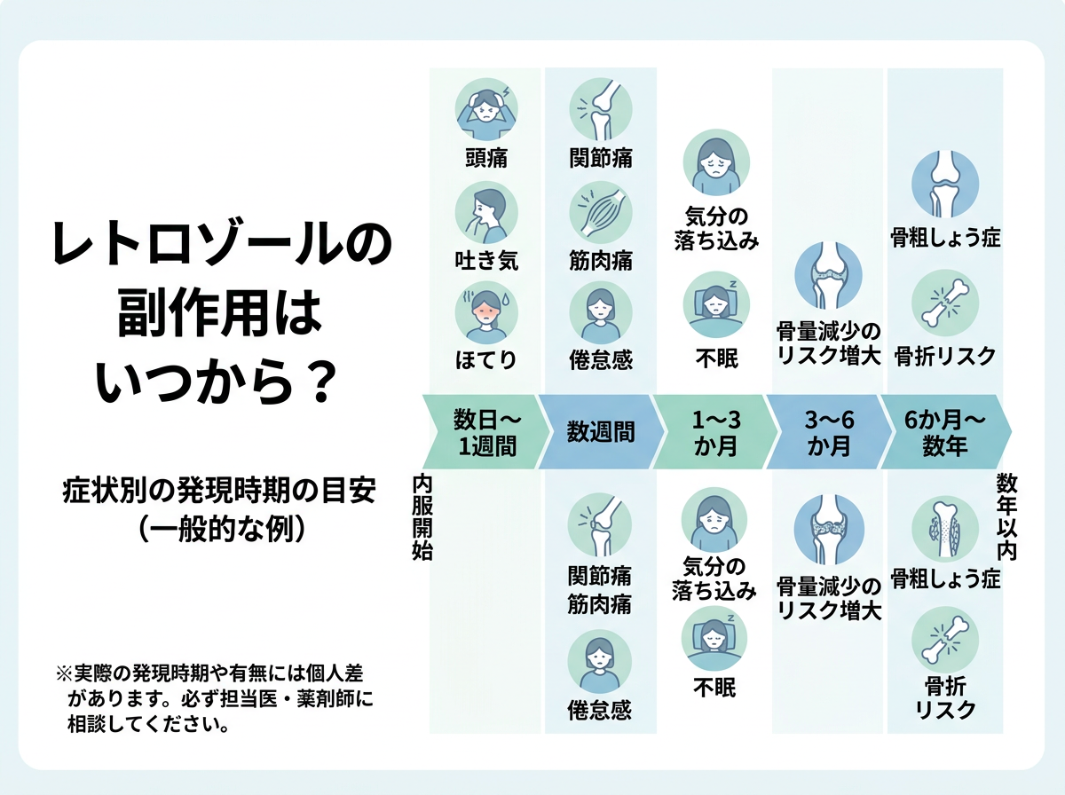 レトロゾールの副作用が「いつから」始まるか：症状別の発現時期一覧