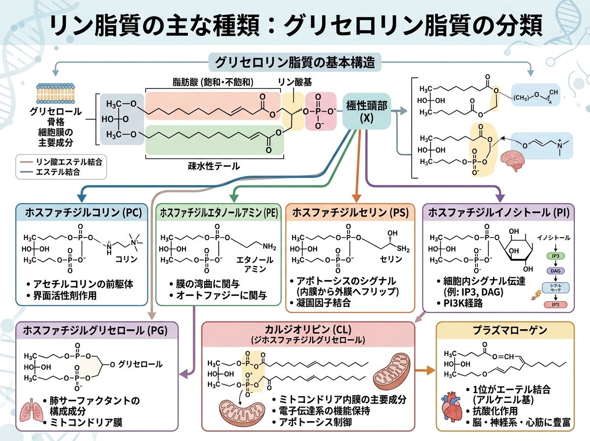 リン脂質のグリセロリン脂質の主な種類