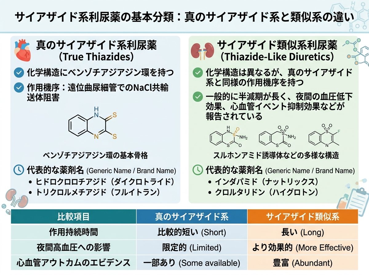 サイアザイド系利尿薬の基本分類:真のサイアザイド系と類似系の違い