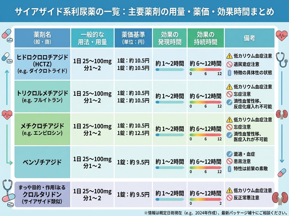 サイアザイド系利尿薬の一覧:主要薬剤の用量・薬価・効果時間まとめ