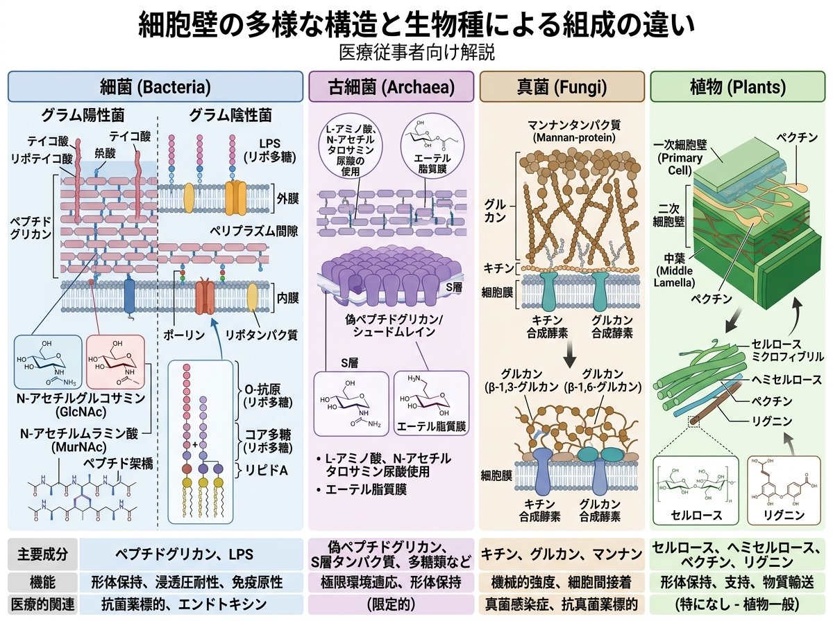 細胞壁の多様な構造と生物種による組成の違い
