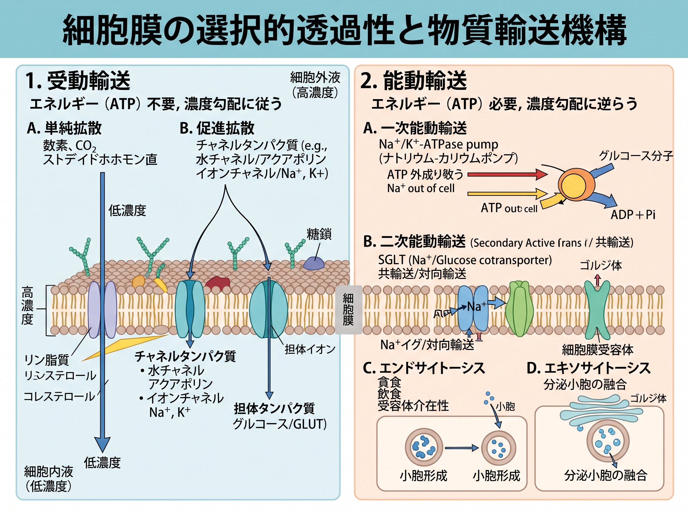 細胞膜の選択的透過性と物質輸送機構