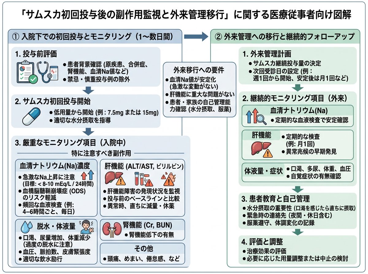 サムスカ初回投与後の副作用監視と外来管理移行